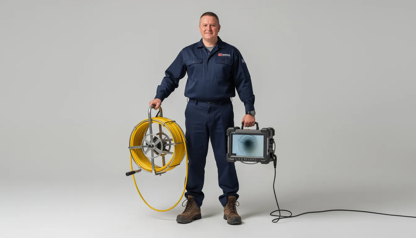 A professional plumber in uniform is holding sewer inspection camera equipment, ready to address sewer line issues. The image highlights the technician's expertise in sewer line repair services, emphasizing the importance of proper sewer line inspection for maintaining effective sewer systems.