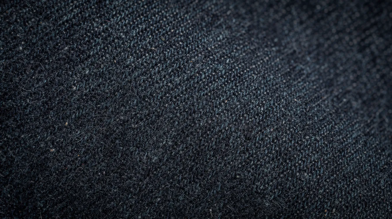 Die Nahaufnahme zeigt dunkelblauen Denim-Stoff mit einer klar erkennbaren Gewebestruktur, ideal für Motorradjeans. Der Stoff vermittelt durch seine robuste Textur ein Gefühl von Sicherheit und Komfort für Motorradfahrer.