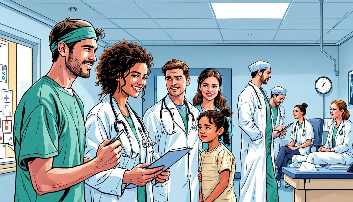 Different types of hospital clinical rotations represented by students in various medical specialties.