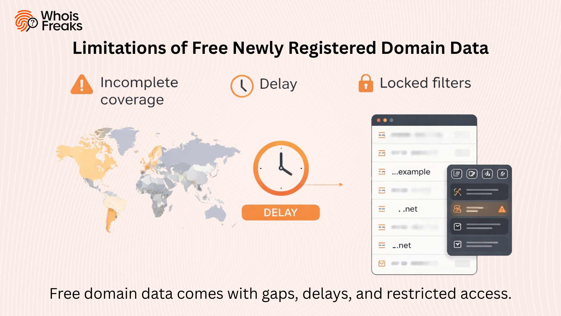 Flat vector illustration showing incomplete world map and restricted access to newly registered domain data, representing free plan limitations, latency, and delayed updates.