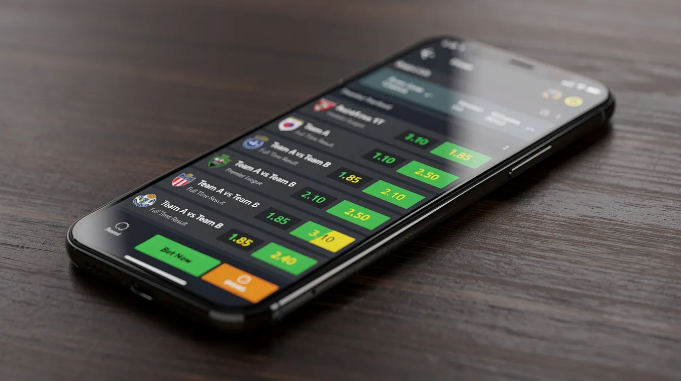 A smartphone screen showcases a sports betting app featuring competitive football odds, highlighting various betting options for upcoming matches in leagues like the UEFA Champions League and the English Premier League. The app is designed for mobile betting, allowing users to easily place bets and explore the best football betting sites.