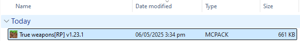 The downloaded file of the True Weapons mod pack.