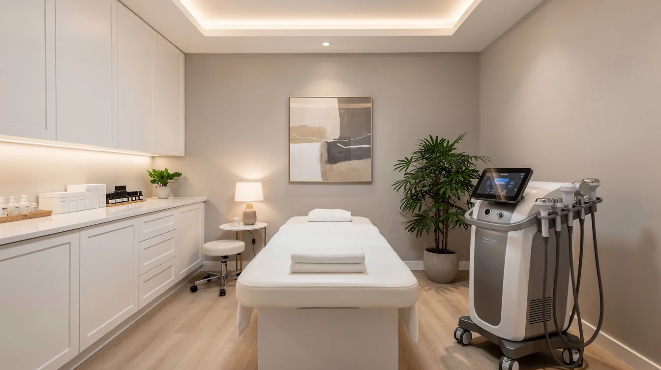 The image depicts a modern body contouring treatment room equipped with advanced devices for procedures like smartlipo and liposuction. The clean and comfortable environment is designed to make patients feel at ease during their treatment experience.