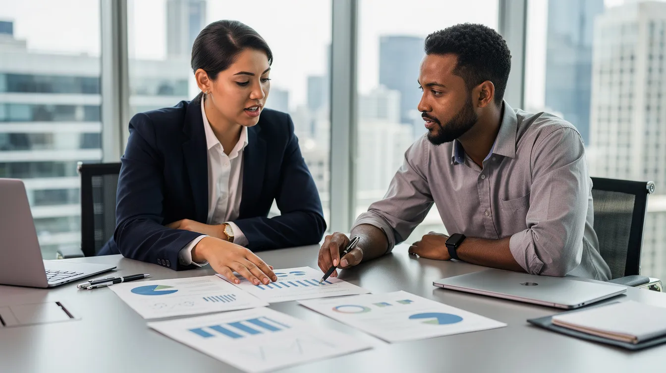 The image shows two colleagues engaged in a discussion over documents at a conference table, likely reviewing important materials related to federal employees retirement systems, such as FERS retirement benefits or disability retirement options. Their focused expressions suggest a collaborative effort to understand retirement calculations and benefits that may impact their future.