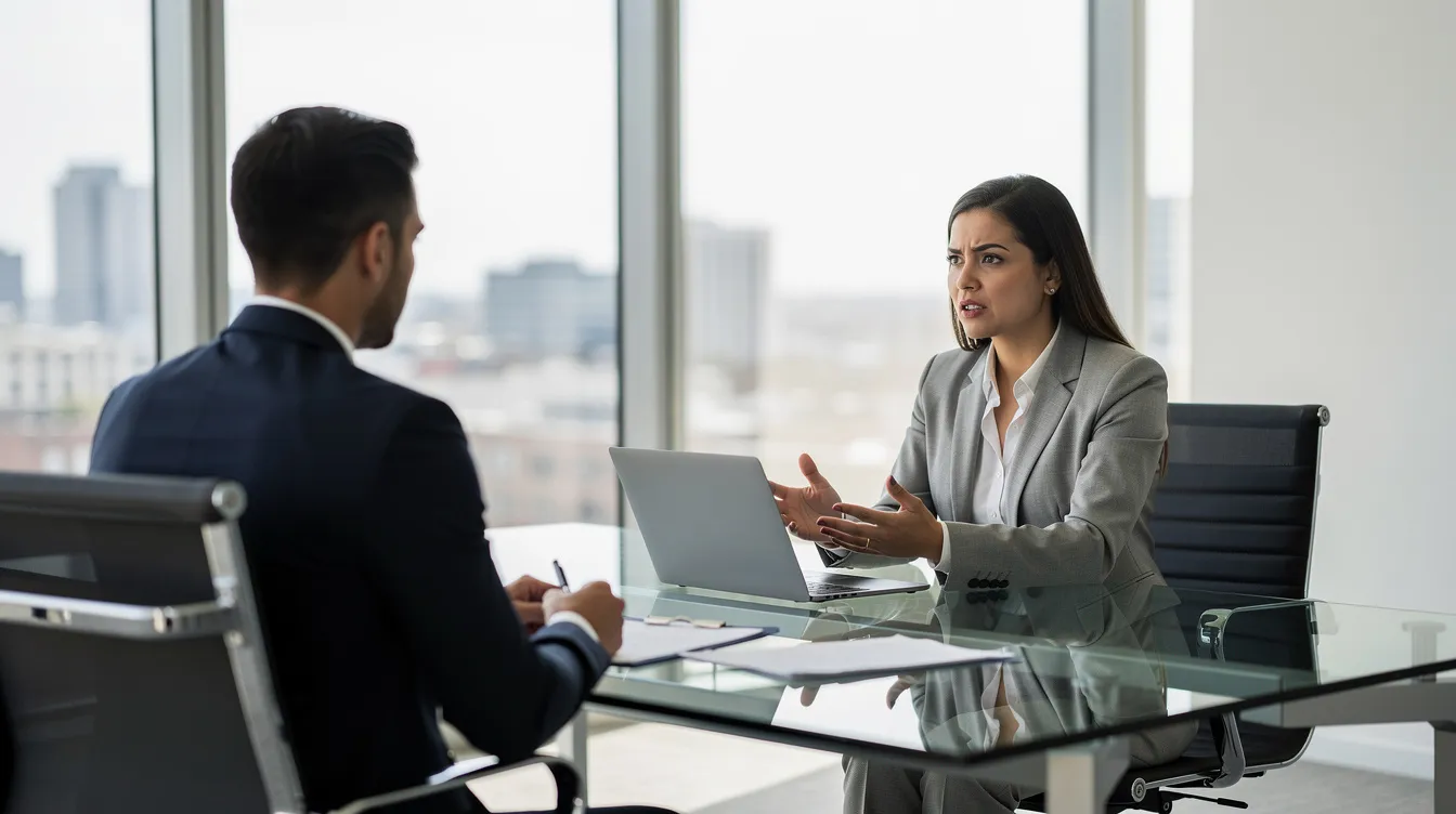The image depicts two business professionals engaged in a conversation during an interview, likely discussing topics related to dental billing and revenue cycle management. Their interaction suggests a focus on improving operational efficiency and patient care within the dental industry.