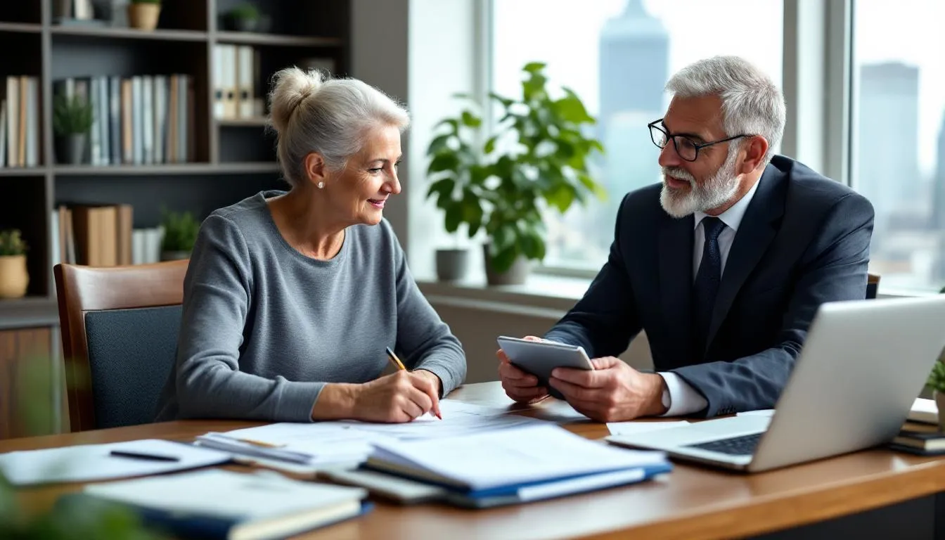 An older couple sits at a table, reviewing financial documents with a tax advisor, discussing their retirement accounts and the required minimum distributions (RMDs) they need to begin taking. The advisor explains the implications of these distributions on their taxable income and retirement planning.