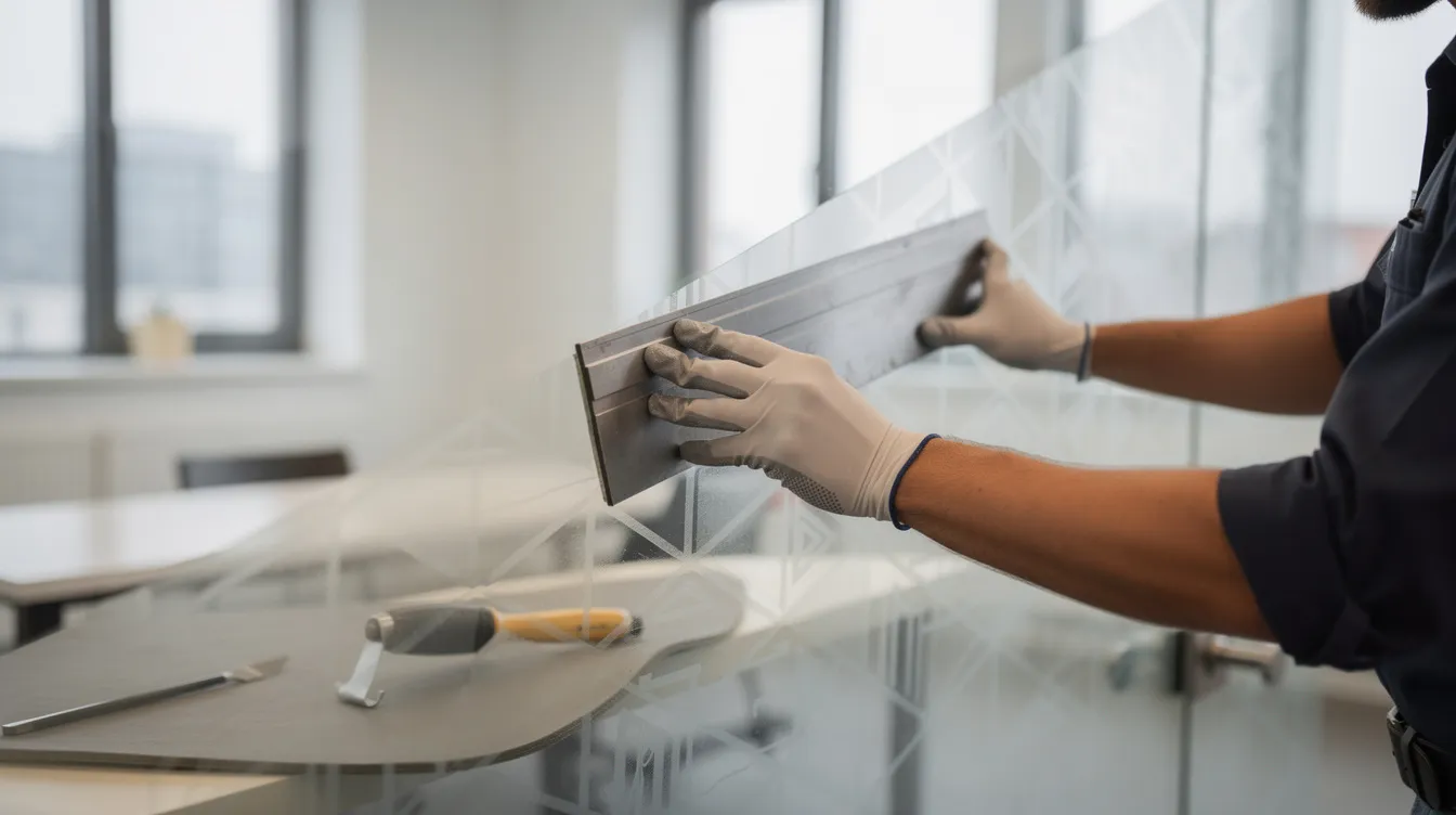 A professional with precision tools is applying decorative architectural film to a glass wall in an office setting, showcasing attention to detail and expertise. This image highlights the skills required for business ownership, particularly for veteran franchise owners looking to succeed in the franchise industry.