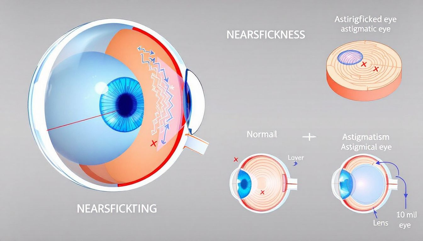 A diagram illustrating how refractive errors like astigmatism and nearsightedness affect vision.