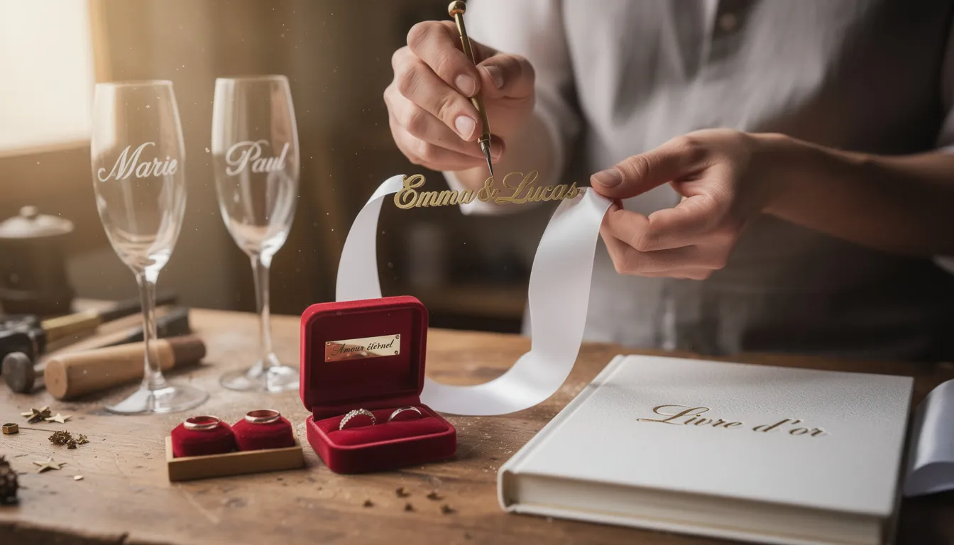 Un artisan est en train de personnaliser des accessoires de mariage, tels que des porte-noms et des livres d'or, en gravant des noms sur des matériaux élégants. L'image montre un environnement créatif, rempli de décorations de mariage et d'inspirations pour une célébration unique.