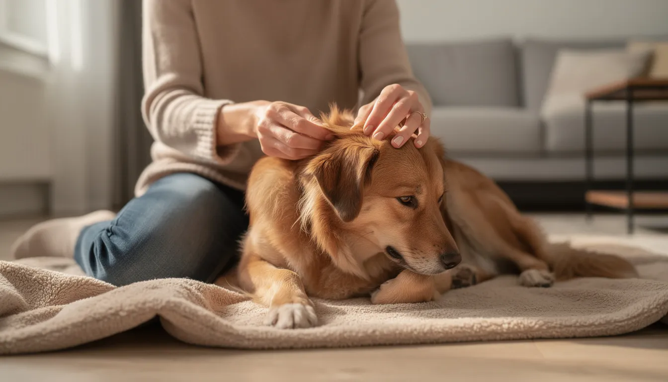 Właściciel delikatnie bada skórę swojego psa, zwracając uwagę na ewentualne zmiany skórne, co jest ważne dla wczesnego wykrycia włókniaka u psa. Regularne kontrole weterynaryjne i odpowiednie leczenie mogą minimalizować ryzyko nawrotu oraz wspierać zdrowie skóry czworonoga.