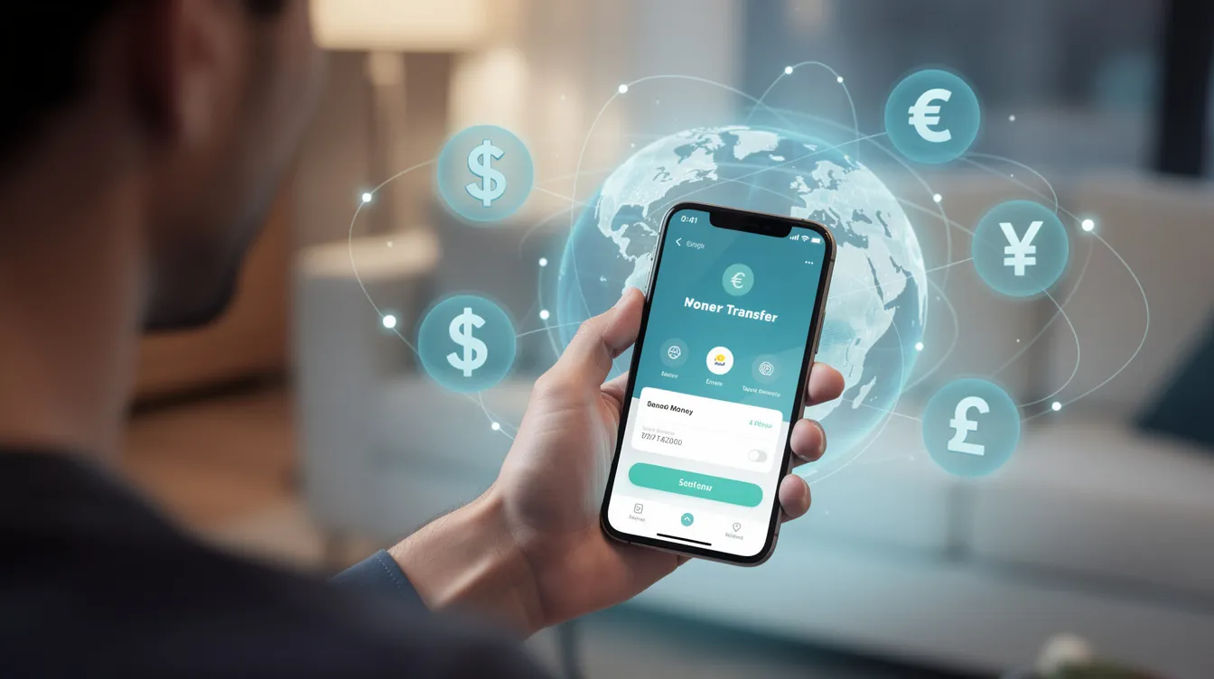 A person is using a smartphone to send money internationally, with a globe and various currency symbols in the background, illustrating the convenience of mobile payments through digital wallets like Google Pay and Apple Pay. The image emphasizes the ease of making online transactions and contactless payments from anywhere in the world.