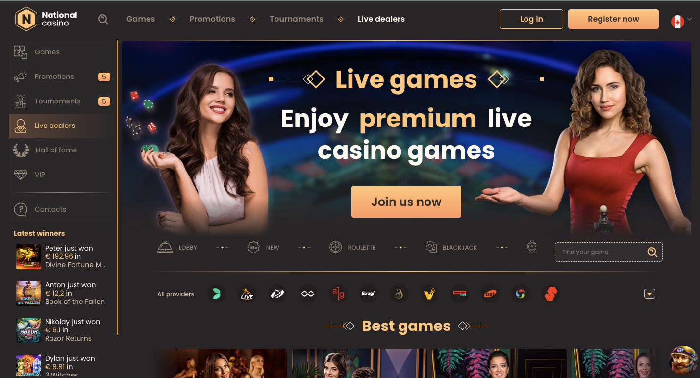 National Casino - Online gambling - Crypto - Bitcoin - live dealer games - slot machines - premium gaming - online gaming