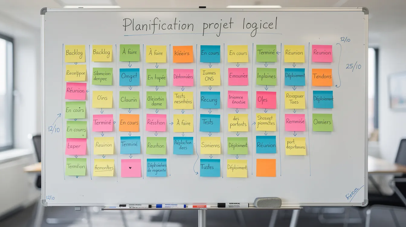 A whiteboard covered in colorful sticky notes for planning a software project.
