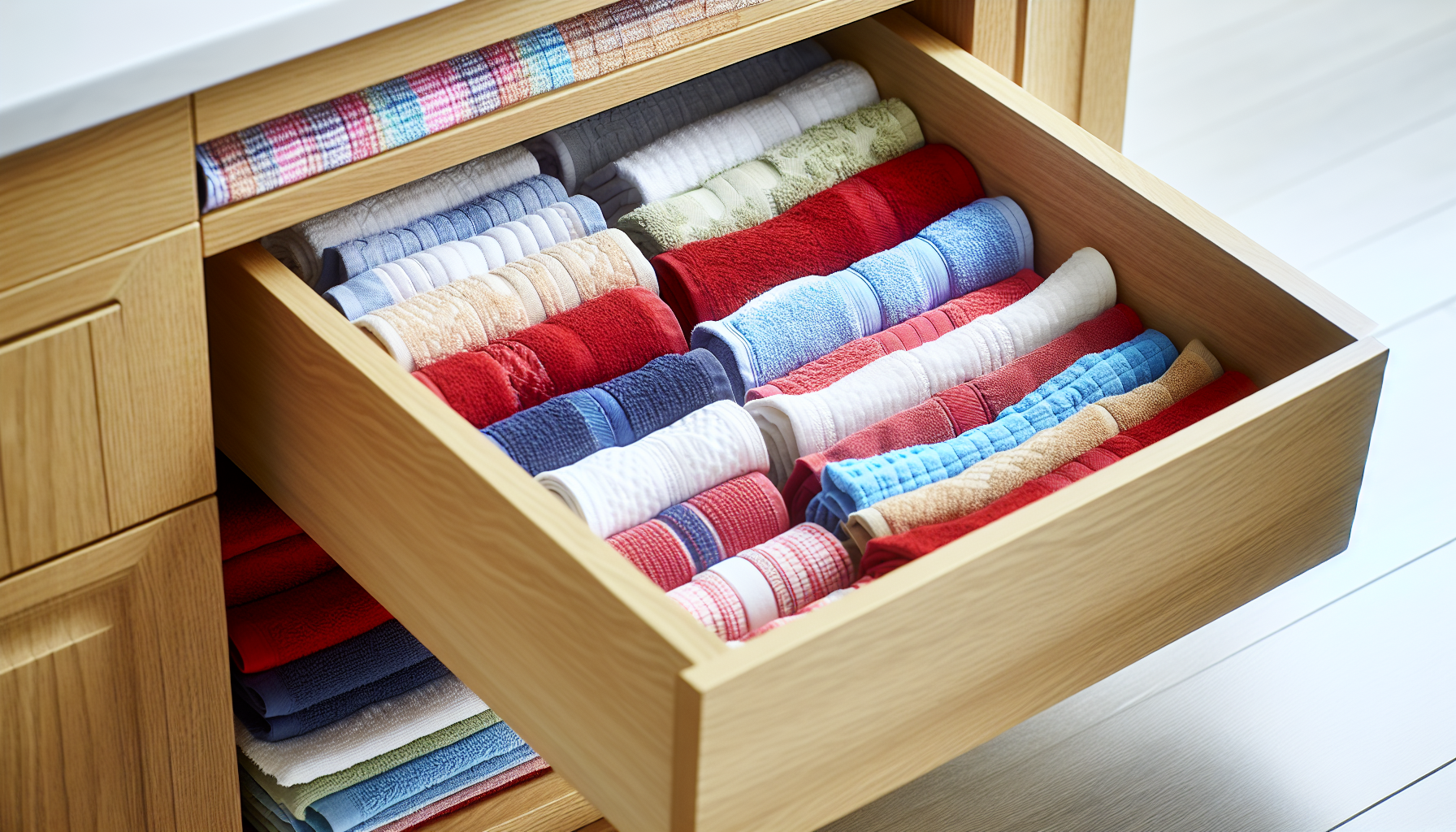 Different folded kitchen towels in a drawer