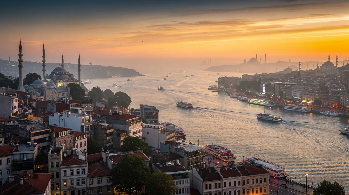 Una vista panorámica de Estambul al atardecer muestra el Bósforo iluminado por la luz dorada del sol poniente, con minaretes de mezquitas como la Mezquita Azul y ferris navegando entre la parte europea y asiática de Estambul. La escena captura la belleza de la ciudad, con sus barrios vibrantes y monumentos históricos, creando un ambiente mágico y lleno de historia.