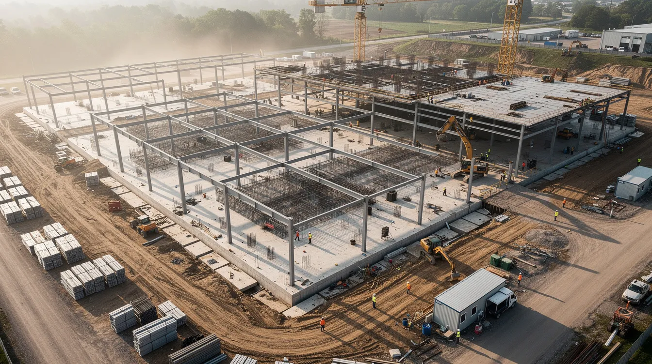 6222bff7 16be 4d40 bb7d 30387f8b7f7c An aerial view of an industrial facility site under construction shows foundations and steel structures being erected, indicative of an ethanol manufacturing plant project. The image reflects the early stages of development for a facility that will play a role in ethanol production, potentially impacting the renewable energy sector.