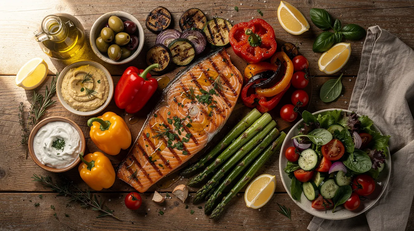 The image depicts a vibrant Mediterranean meal spread on a wooden table, featuring grilled salmon, an assortment of colorful vegetables drizzled with olive oil, and fresh herbs. This nutritious feast highlights the importance of a balanced diet for overall health and well-being, essential for maintaining youthful skin and metabolic health.