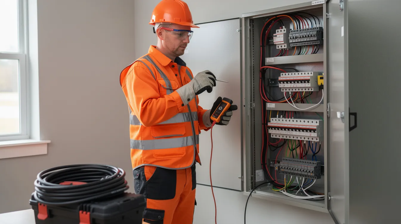 An electrician in safety gear is working on a residential electrical panel, carefully handling electrical wiring and components while ensuring safety with protective equipment. The visible wires and tools indicate the technician's focus on maintaining and repairing the electrical systems in the home.