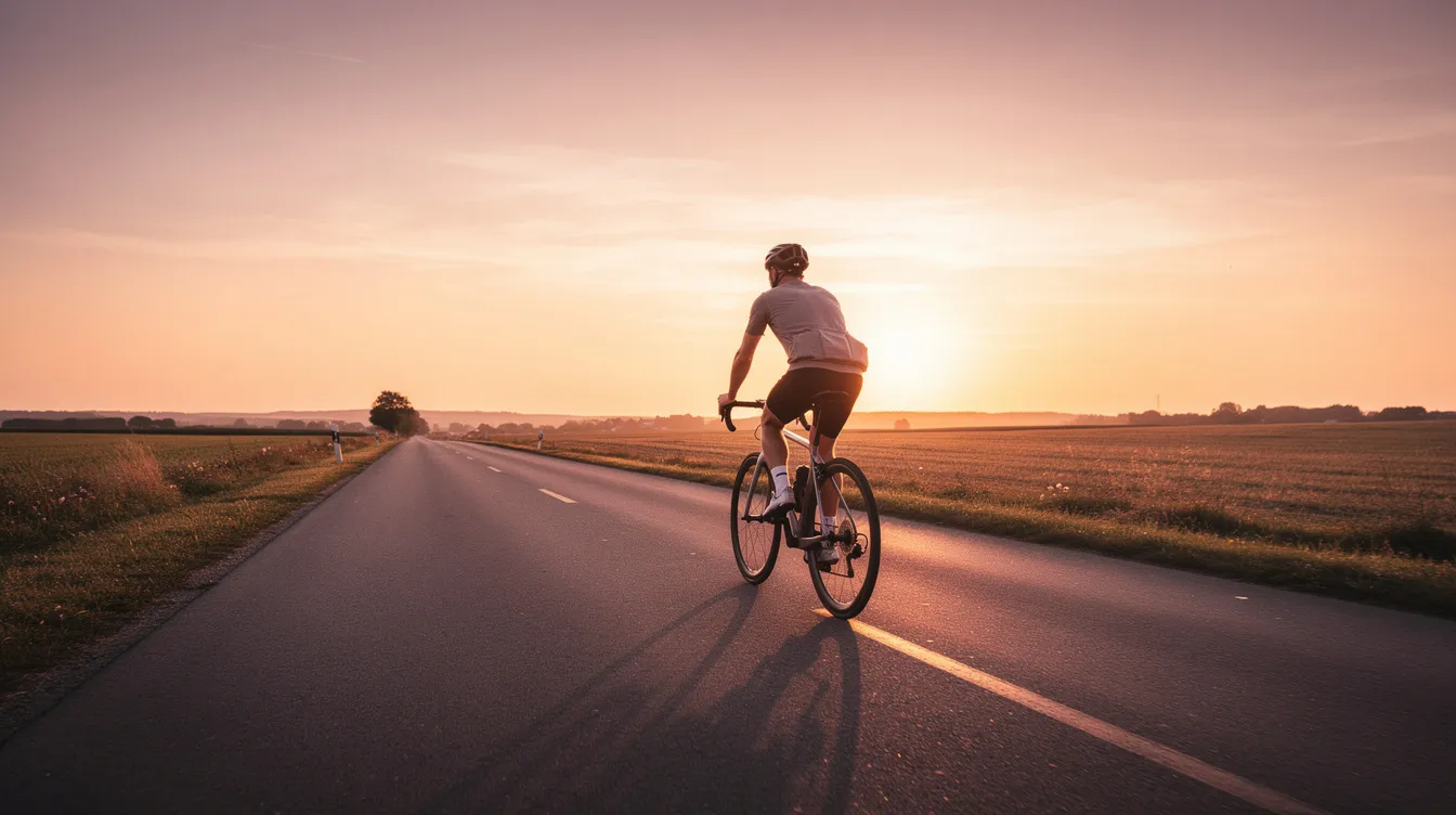 Een fietser rijdt ontspannen op een vlakke weg tijdens de zonsondergang, met een rustige houding en een lage intensiteit die bijdraagt aan een betere conditie en vetverbranding. Dit moment weerspiegelt de voordelen van rustige duurlopen en het trainen in zone 2 voor verbeterde prestaties en uithoudingsvermogen.