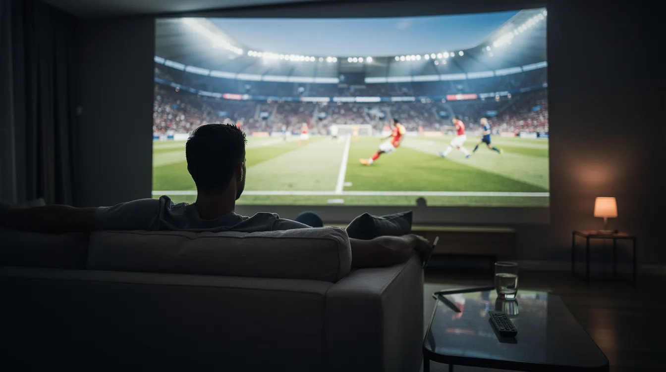 A person is sitting on a couch in a dark room, intently watching a sports event projected onto a large screen. The scene captures the excitement of the performance, with the glow of the projector illuminating the space, while a remote control rests nearby for convenient access to multiple devices like Google TV or YouTube.