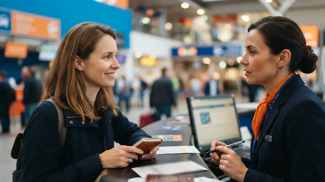 Traveler calmly presenting documents at an international transfer desk