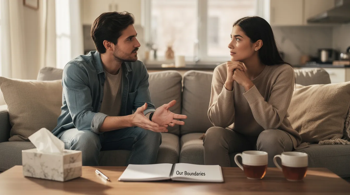 A couple is engaged in a thoughtful conversation about setting healthy boundaries in their relationship, emphasizing the importance of personal space and self-respect for their mental health and well-being. They are reflecting on their own needs and how to communicate them effectively to support each other's personal growth.