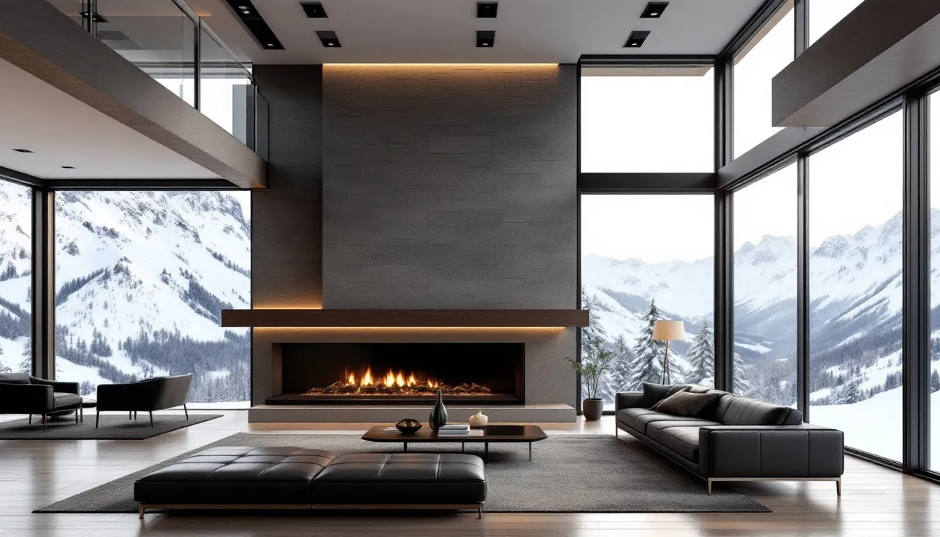 A modern mountain condo interior features a cozy stone fireplace and large windows that frame stunning views of snowy peaks, perfect for a winter getaway in Brian Head, Utah. This inviting space is ideal for families looking to explore nearby attractions like Bryce Canyon National Park and Cedar Breaks National Monument.
