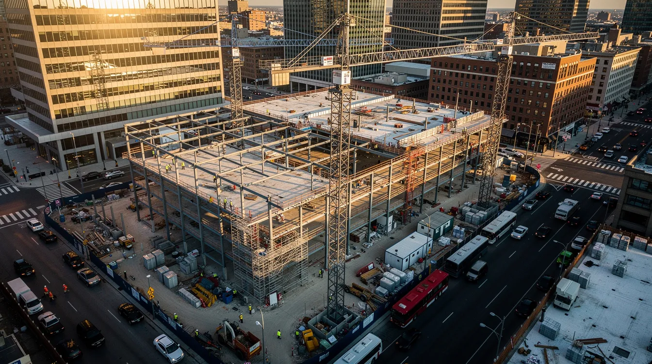 An aerial drone view captures a bustling commercial construction site in an urban area, showcasing towering cranes and intricate steel framing. This scene highlights the dynamic nature of the construction industry, vital for construction companies looking to attract prospective clients and promote their services.