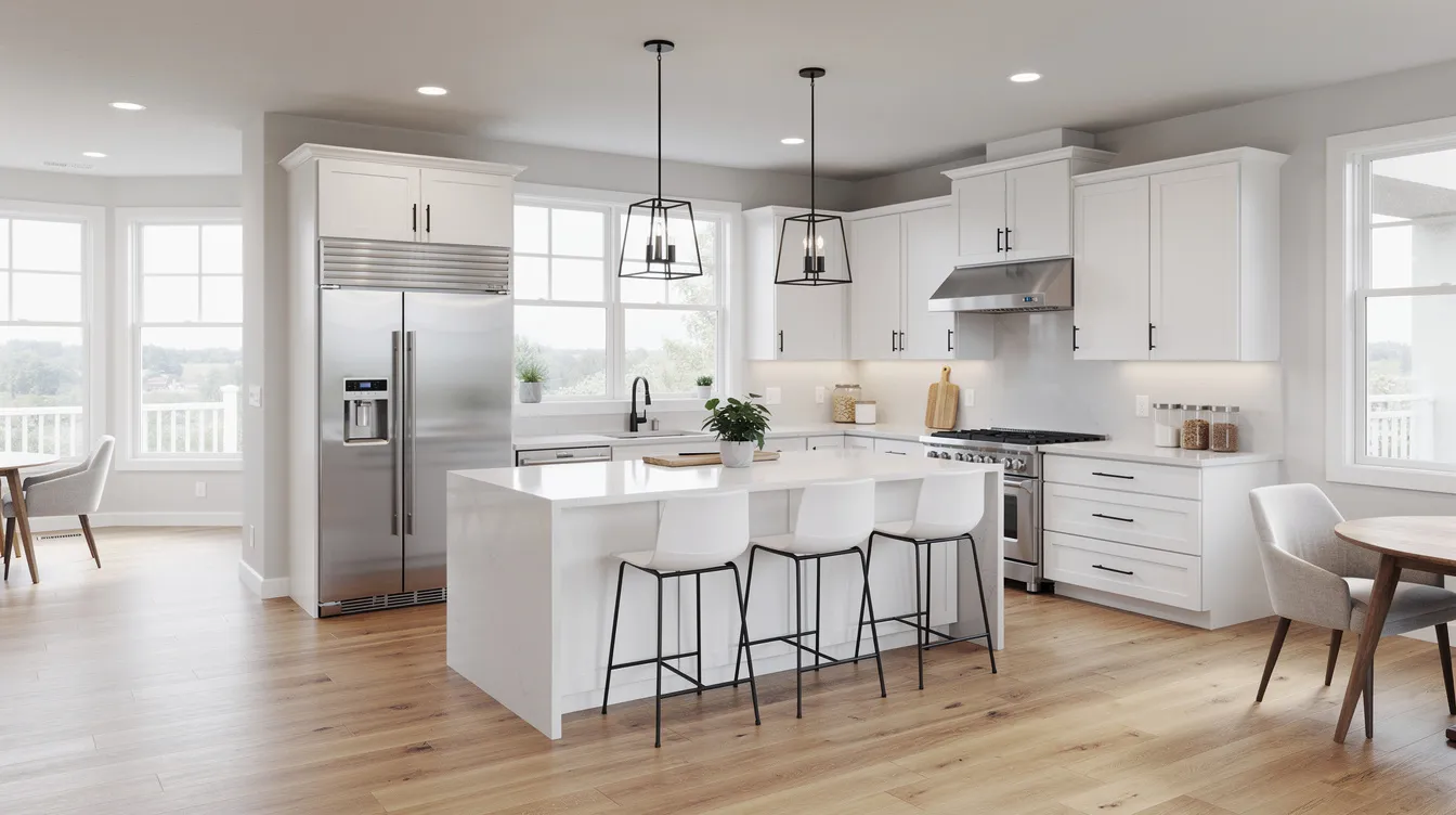 The image depicts a bright, newly renovated kitchen featuring modern fixtures and an open floor plan, ideal for real estate investors looking to enhance the value of an investment property. This stylish space is perfect for showcasing the potential of homes that may require financing options such as hard money loans or bridge loans for renovations.