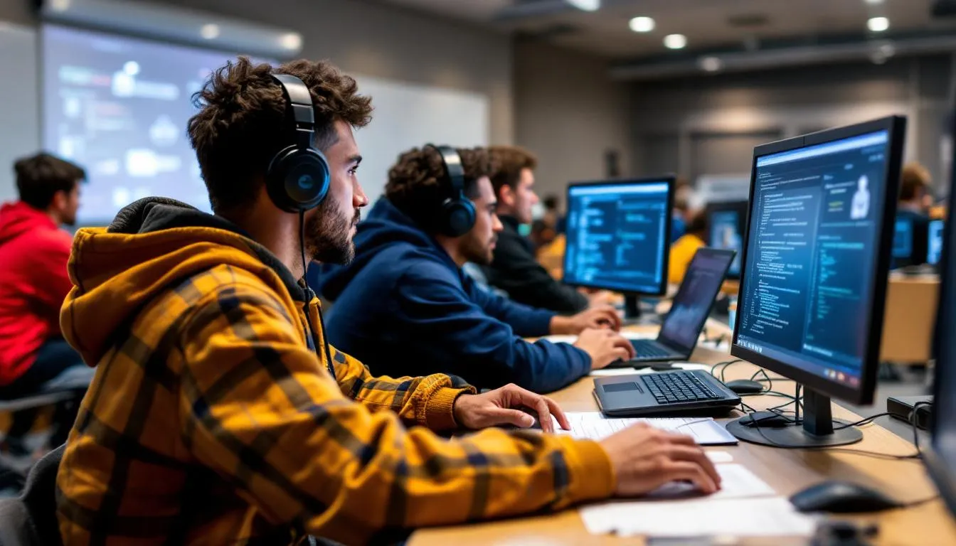 Un gruppo di studenti è impegnato nello studio della cybersecurity, circondato da computer e materiali didattici. Questi ragazzi si concentrano su temi di sicurezza informatica, sviluppando competenze fondamentali per affrontare i rischi e le sfide del mondo digitale.