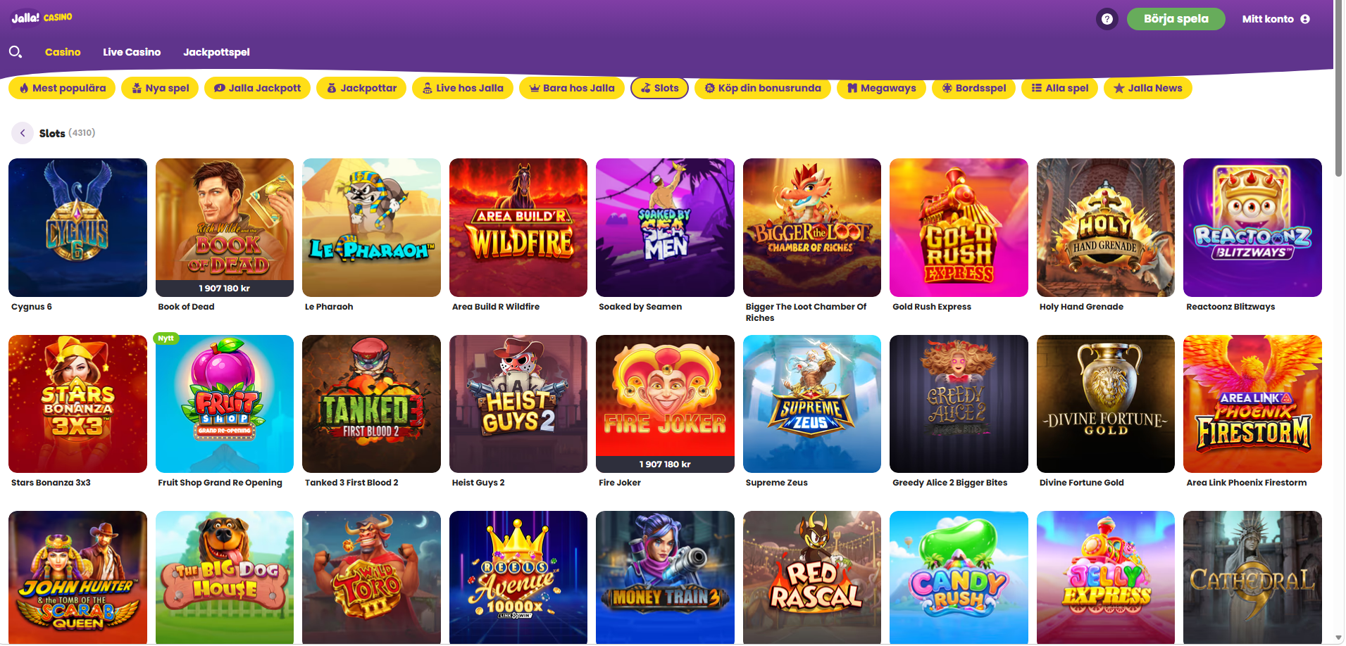 Jalla Casinos spelsida med ett stort utbud av slots.