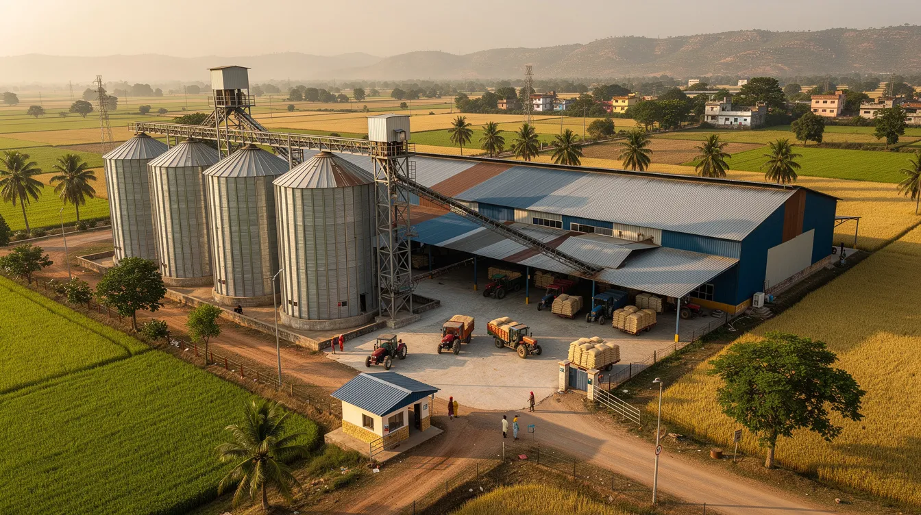 622b1c9a 97d4 449d b206 07b6afaaab6e The image depicts a large rice mill facility in rural India, featuring paddy storage silos and processing buildings, essential for paddy procurement and rice milling operations. The scene highlights the infrastructure necessary for efficient rice production and storage, showcasing the scale of the rice mill project.