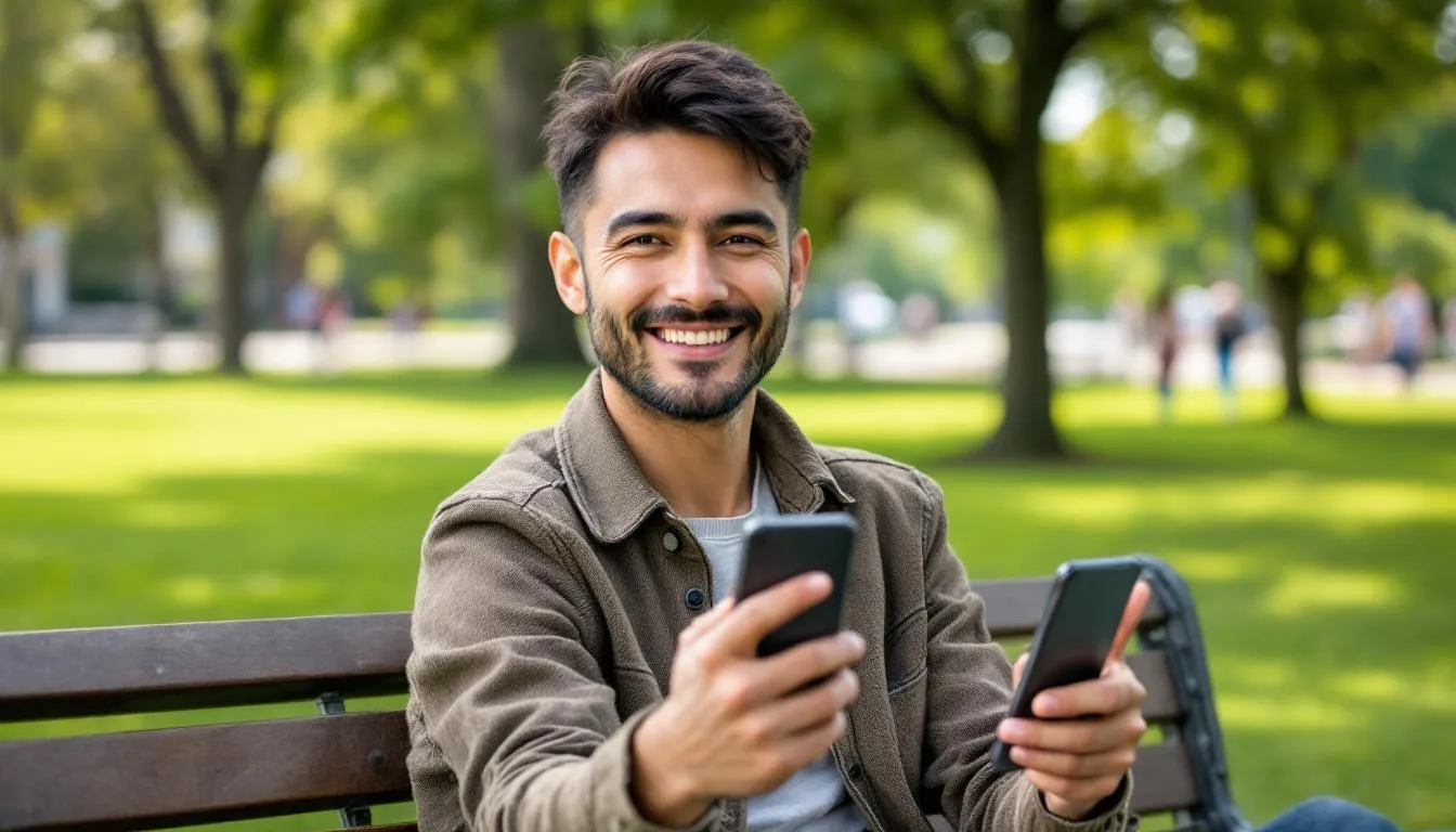 The image shows a satisfied customer giving a thumbs up while looking at their phone, likely reflecting their positive experience with a business's digital reputation and customer feedback. Their expression indicates happiness with the feedback they've encountered, contributing to their overall client satisfaction.