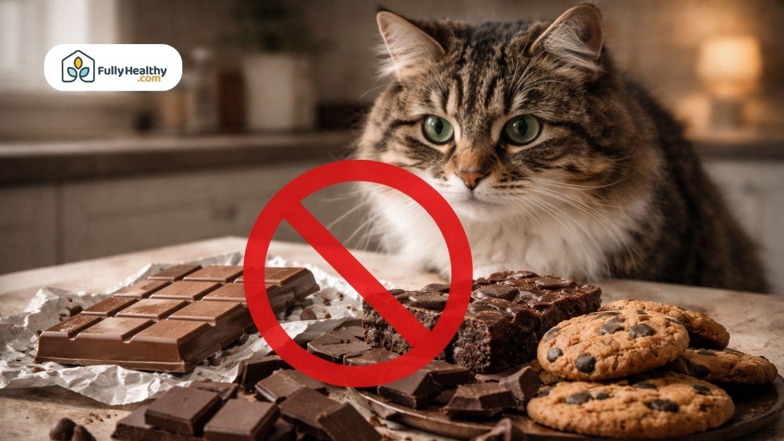 Cat near chocolate bars with warning sign on kitchen table