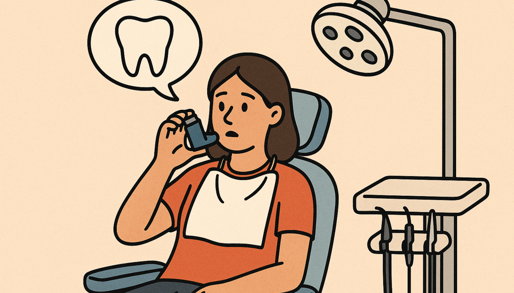 Kvinne med astma sitter i tannlegestol og bruker inhalator før behandling, omgitt av tannlegeutstyr og bekymret uttrykk.