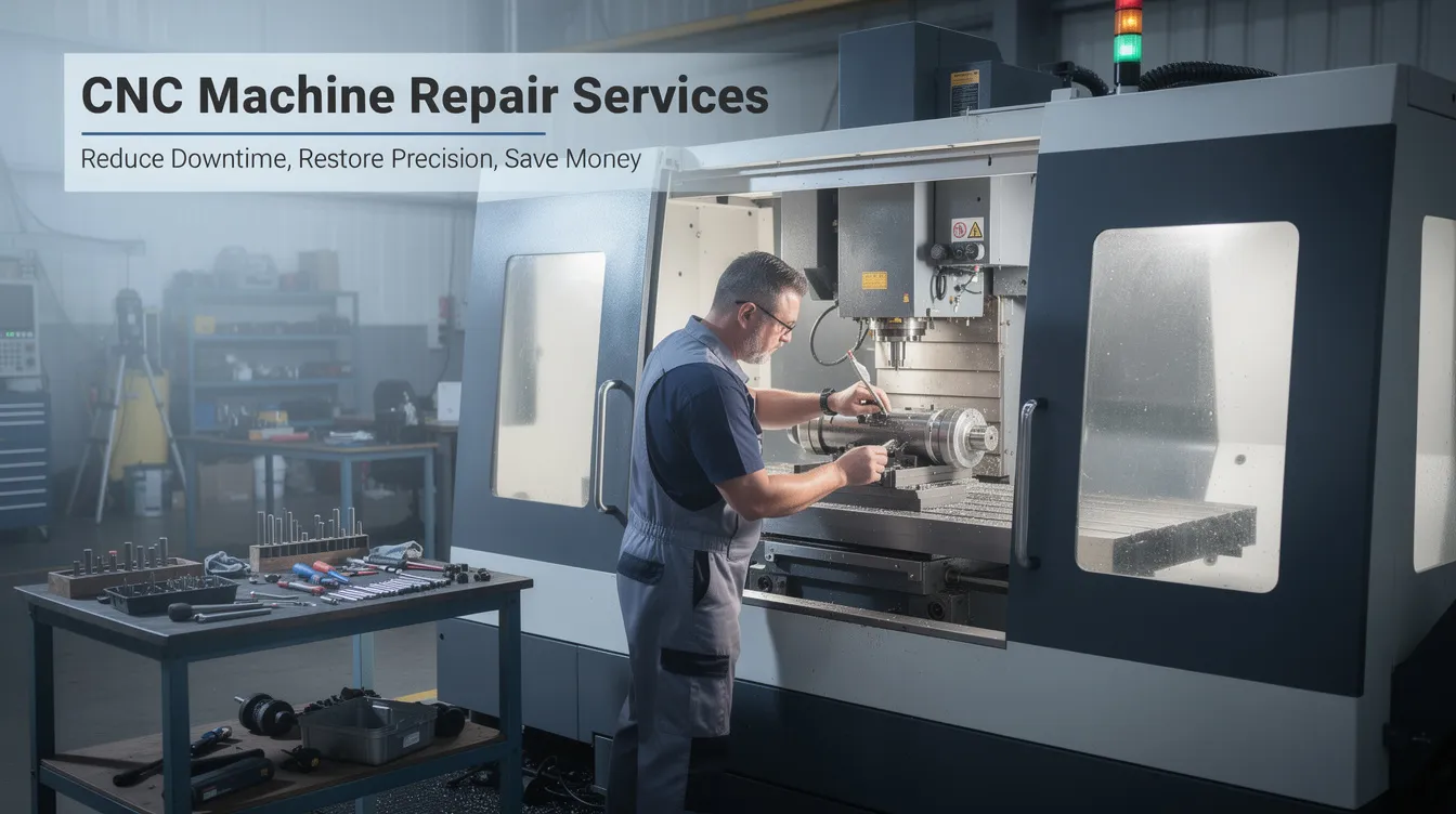 An experienced technician is performing CNC machine repair services, focused on reducing downtime and restoring precision to the equipment. The scene highlights the commitment to quality and efficiency in maintaining various CNC machines, ensuring they operate smoothly for manufacturing and fabrication processes.