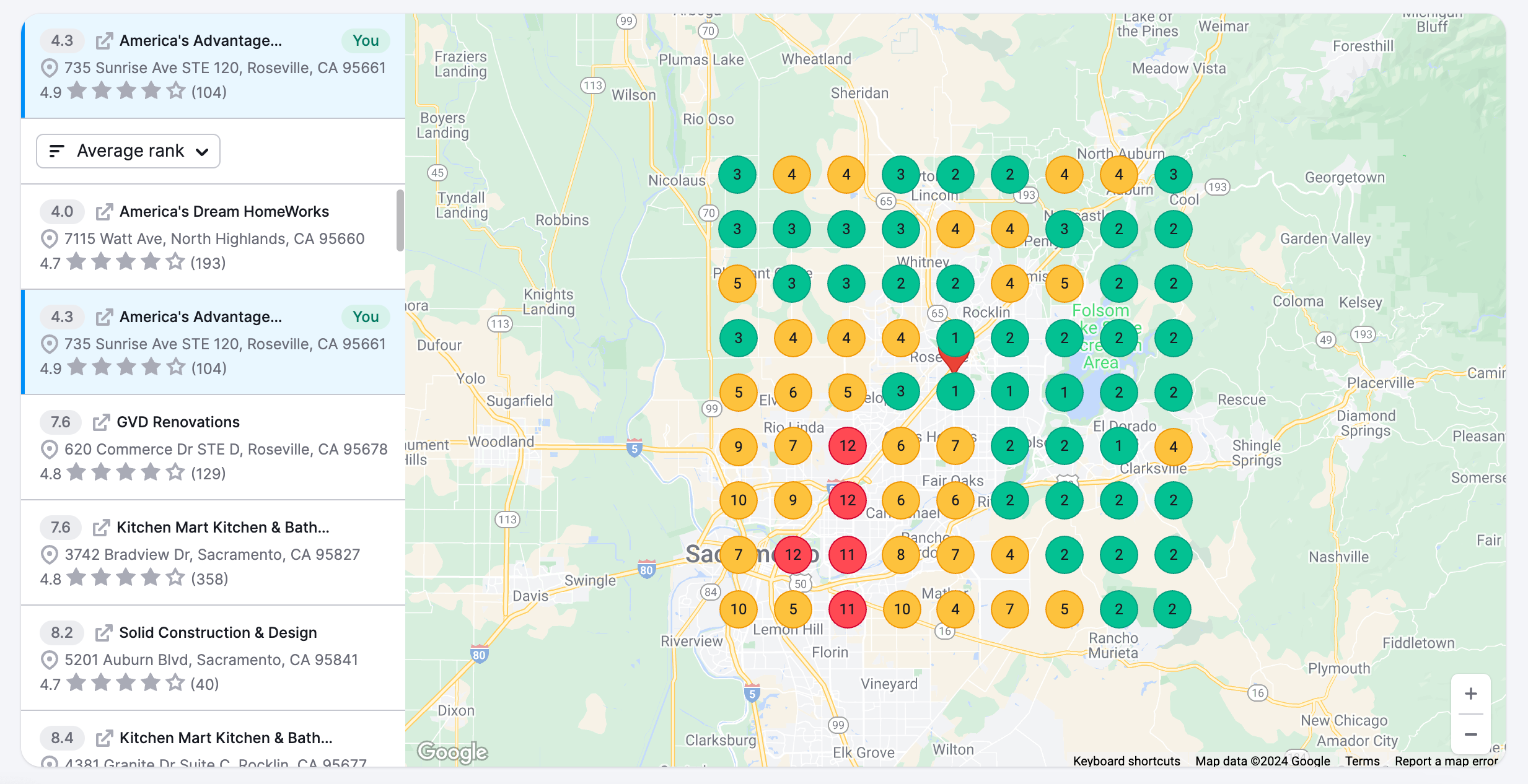 Semrush's map rank tracker for America's Advantage Remodeling