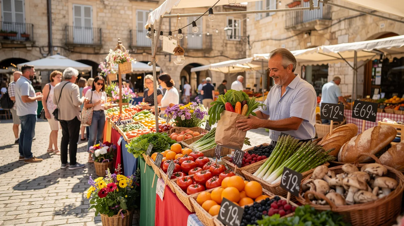 The image depicts a vibrant European outdoor market bustling with shoppers exploring stalls filled with fresh produce, including fruits, vegetables, and artisanal goods. This lively scene reflects daily life in European countries, showcasing the cultural richness and community spirit often found in popular expat destinations like Luxembourg City.