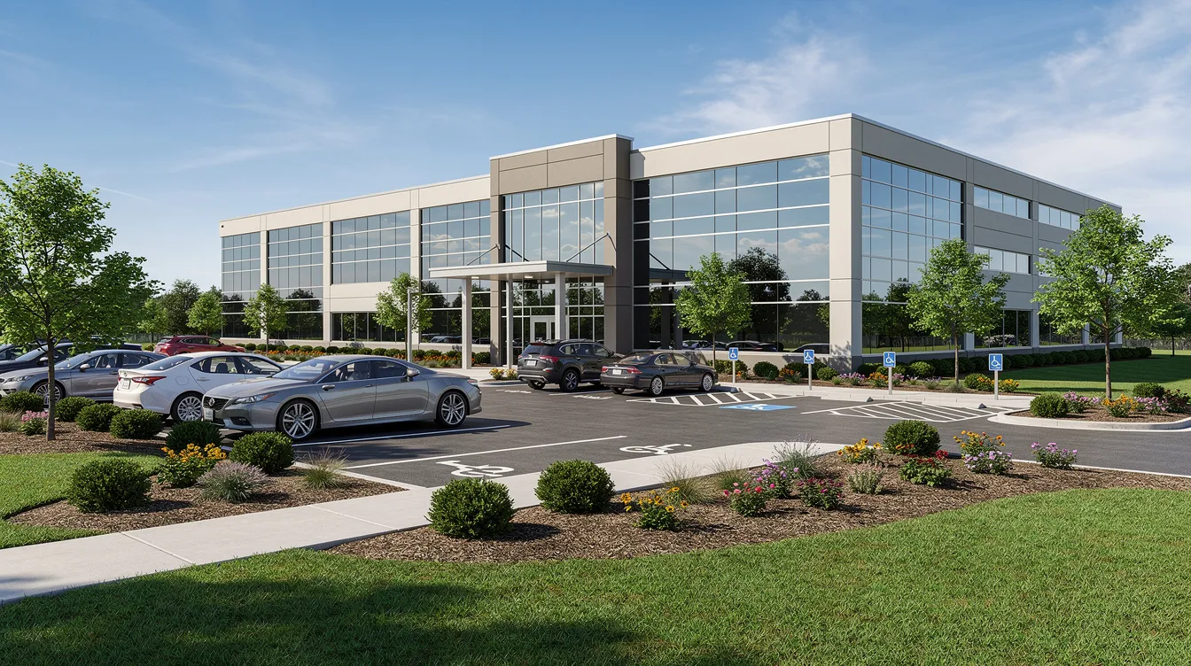 The image depicts a modern commercial office building surrounded by a well-maintained parking lot and landscaped greenery. This setting illustrates the potential for real estate investors and property owners to utilize cost segregation studies to maximize tax savings through accelerated depreciation deductions and strategic tax planning.