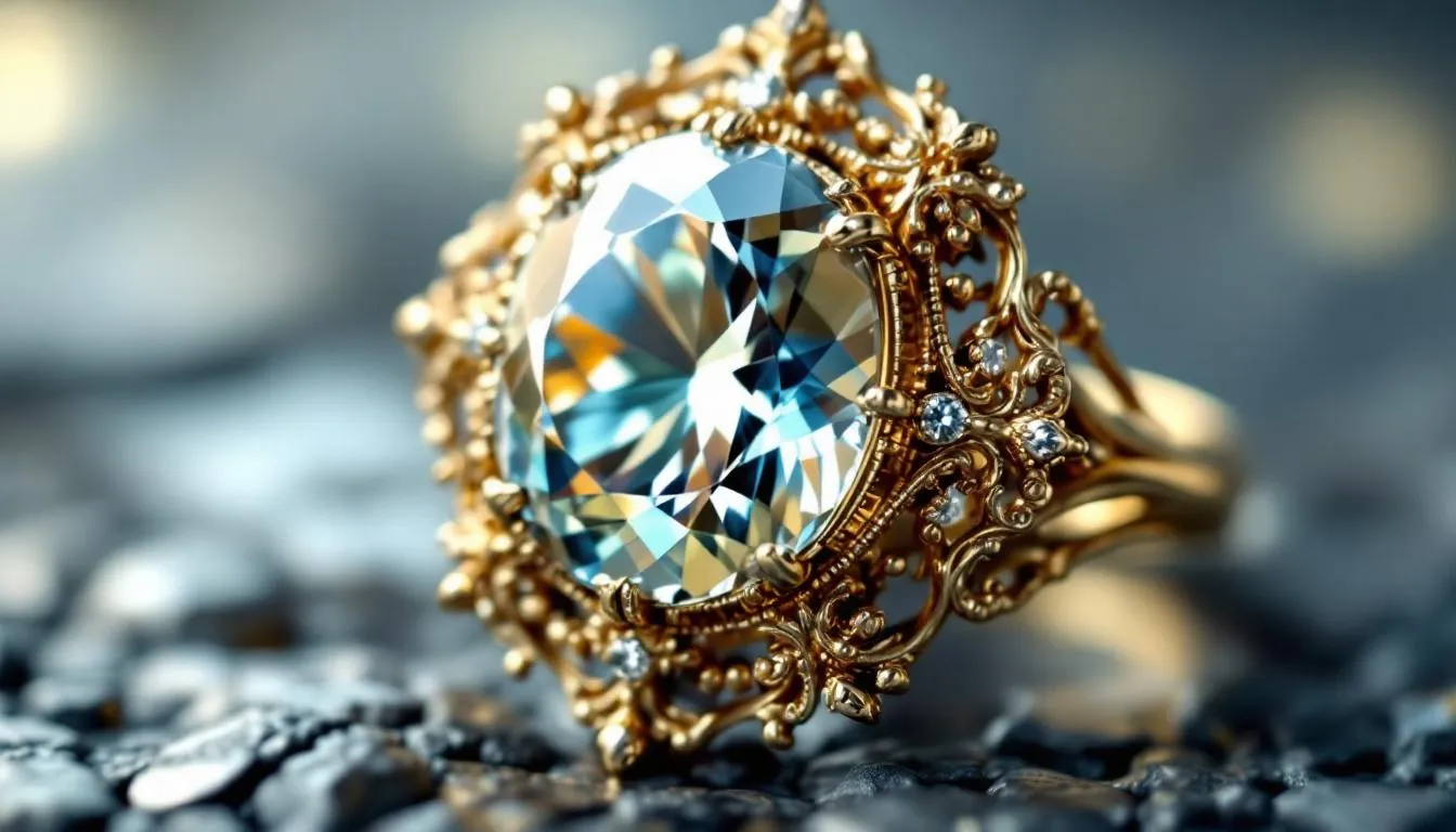The image features a close-up of an ornate vintage cocktail ring, showcasing a large center gemstone surrounded by intricate metalwork, exemplifying the beauty and glamour of statement rings. This bold piece, perfect for special occasions or casual outfits, highlights the elegance of colorful gemstones set in yellow gold.