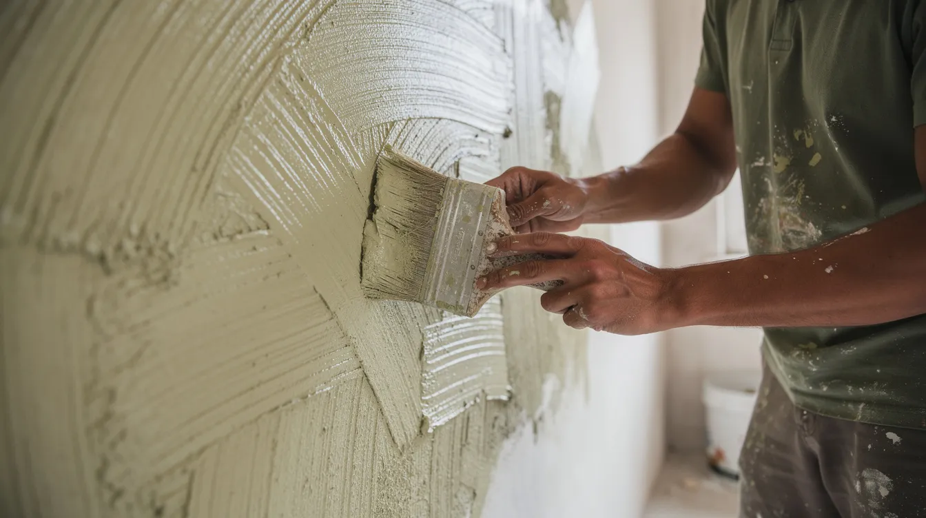 A person is applying limewash paint to an interior wall with a wide block brush, using multi-directional strokes to create a velvety finish. The brush strokes are visible as they work on the first coat of the lighter color, enhancing the texture of the previously painted surface.