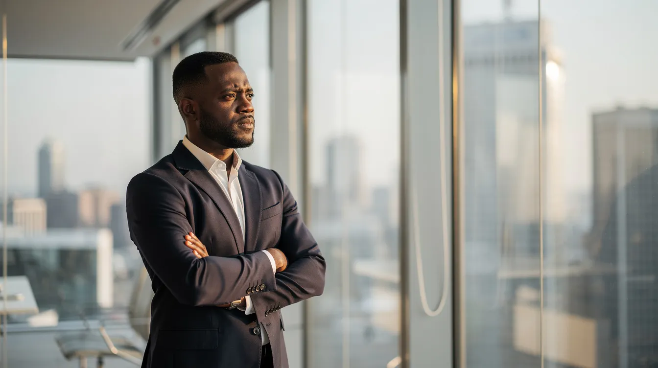A professional African business leader is seen in deep thought at a modern office window, reflecting on strategic planning and leadership development. This moment highlights the importance of executive coaching and personal growth in enhancing leadership skills and driving business performance.