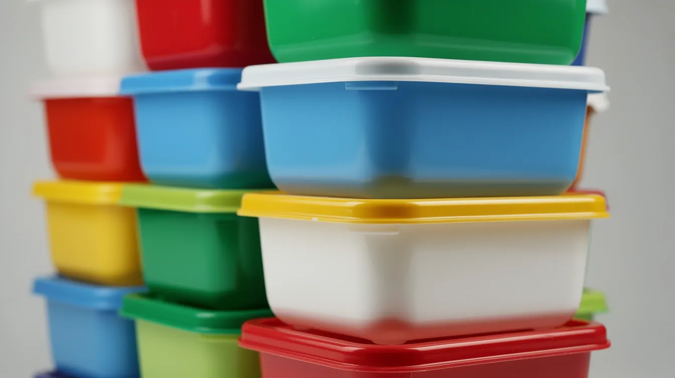 Eine Nahaufnahme zeigt verschiedene Kunststoffbehälter in bunten Farben, die übereinander gestapelt sind. Die Behälter könnten Etiketten mit Recyclingsymbolen und Recyclingcodes tragen, die auf das verwendete Material und die richtige Mülltrennung hinweisen.