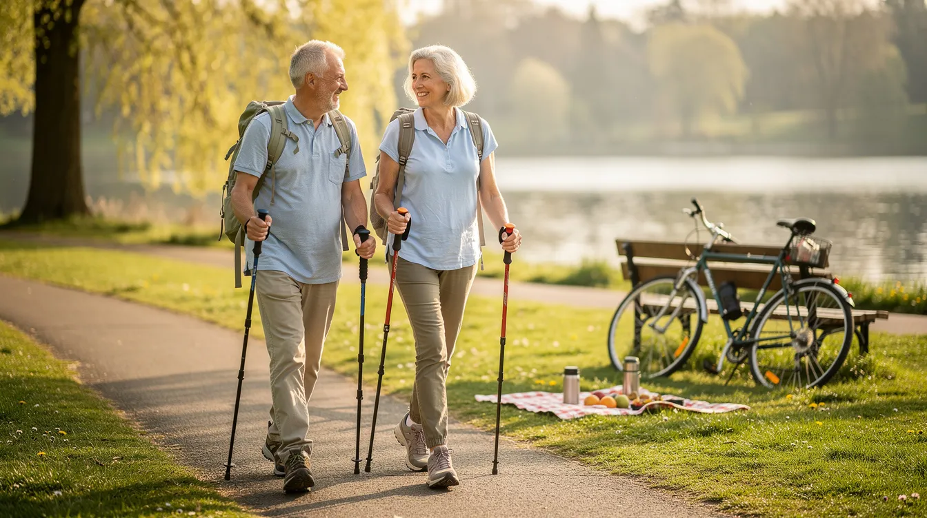 A retired couple is enjoying outdoor activities together, smiling and engaging in a leisurely stroll in a park. Their relaxed demeanor reflects the benefits of thoughtful retirement planning, allowing them to enjoy their retirement years and the fruits of their retirement savings.