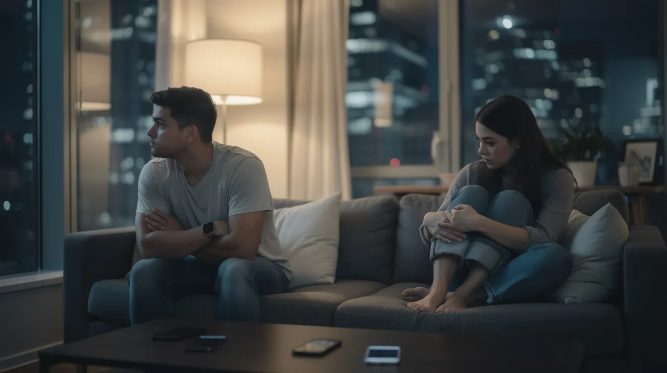 The image depicts a couple sitting together in a cozy setting, appearing engaged in an honest conversation about their commitment issues in relationships. Their expressions reflect a mix of vulnerability and determination as they navigate their emotional connection and discuss their future plans, highlighting the challenges of overcoming commitment fears and finding the right person for a stable relationship.