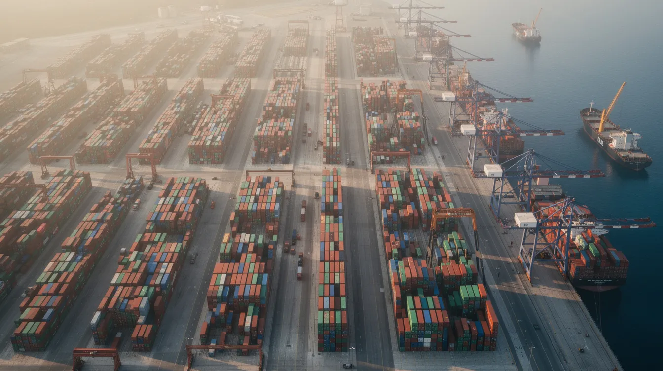 An aerial view of a busy commercial port showcases numerous shipping containers stacked in organized rows, highlighting the scale of logistics operations. This image reflects the essential role of metal fabrication companies in supporting various industries, such as construction equipment and industrial machinery, through efficient supply chain management.