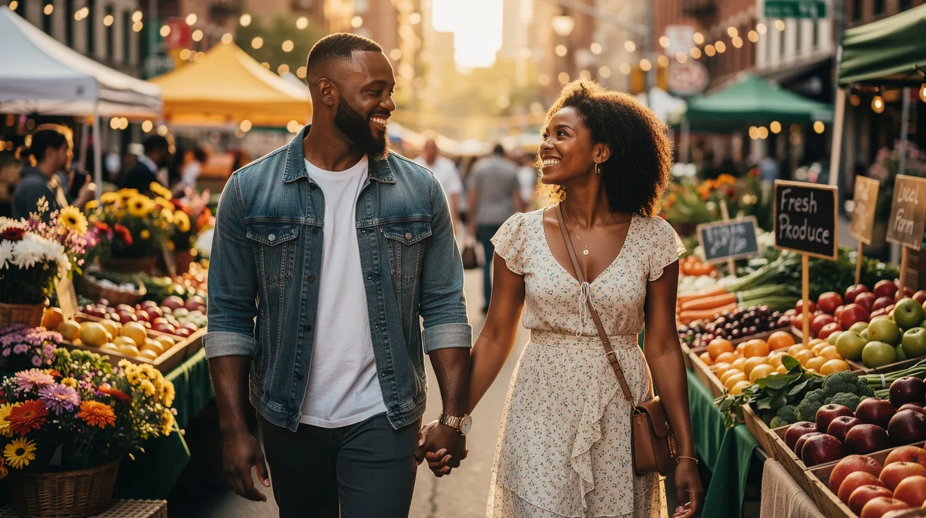 A joyful black couple is holding hands and smiling as they explore a bustling local farmer's market in NYC, enjoying each other's company on their first date. This scene captures the essence of fun first date ideas, with the vibrant atmosphere providing built-in conversation starters.