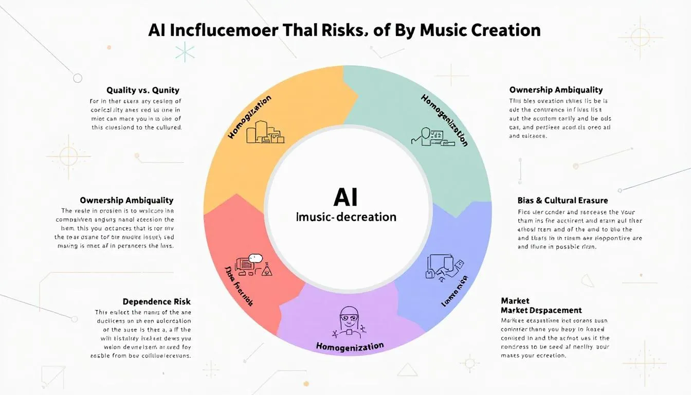 The image depicts a conceptual representation of the challenges and risks associated with AI in the music industry, highlighting issues such as quality versus quantity, homogenization of sound, and ownership ambiguity. It visually emphasizes the tension between human creativity and AI tools, illustrating the potential impact on human musicians and the creative process in a rapidly evolving technological landscape.
