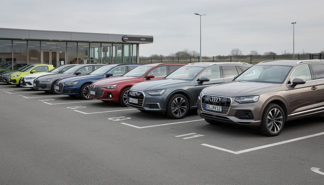 Une gamme de véhicules de location est présentée dans un parking, incluant des citadines compactes et des SUV haut de gamme. Ces voitures de location sont idéales pour un road trip ou des vacances, offrant diverses options selon les besoins des jeunes conducteurs.