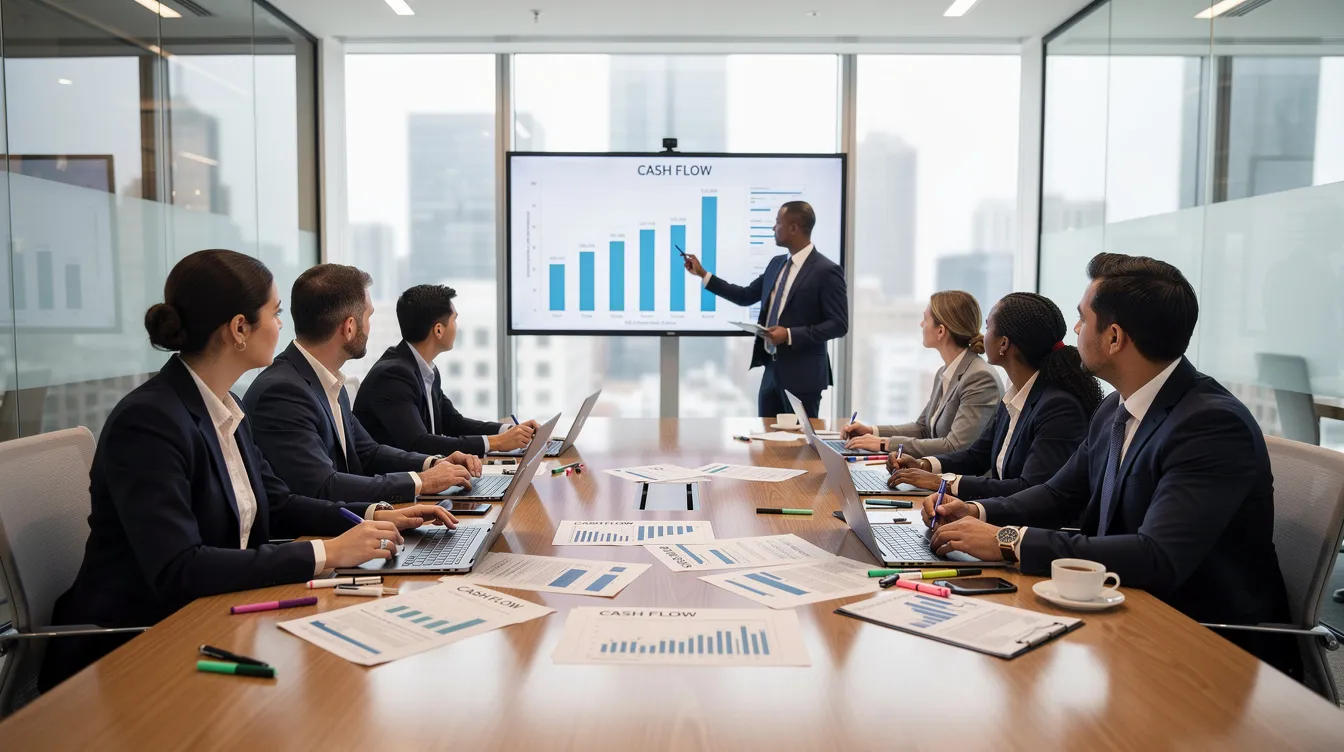 A finance team is gathered in a meeting room, discussing cash flow documents and strategies for managing online payments, including various payment methods like credit and debit cards, bank transfers, and transaction fees. The atmosphere is focused as they collaborate on ensuring effective payment processing for their business.